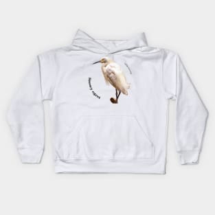 Snowy egret tropical bird pin black text Kids Hoodie